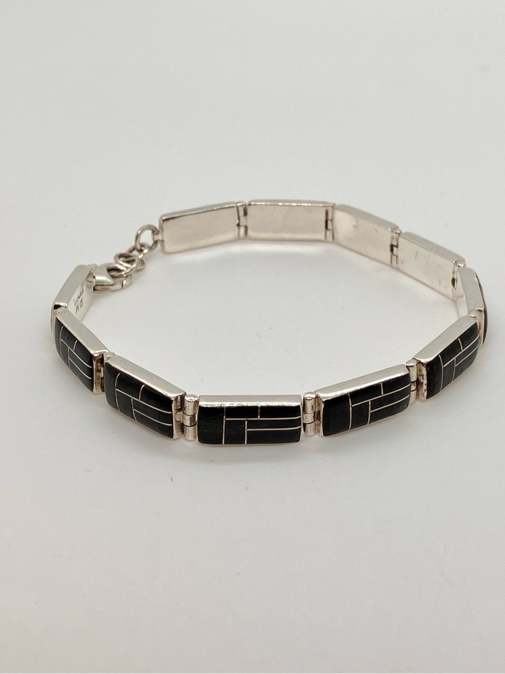 Vtg 925 Navajo Zuni Onyx Mosaic Inlay Sterling Silver Panel Bracelet 8” - 8.5”